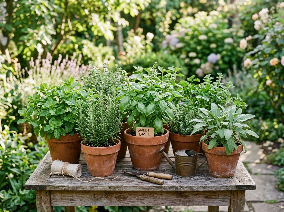 テラコッタ鉢に植えたキッチンハーブ