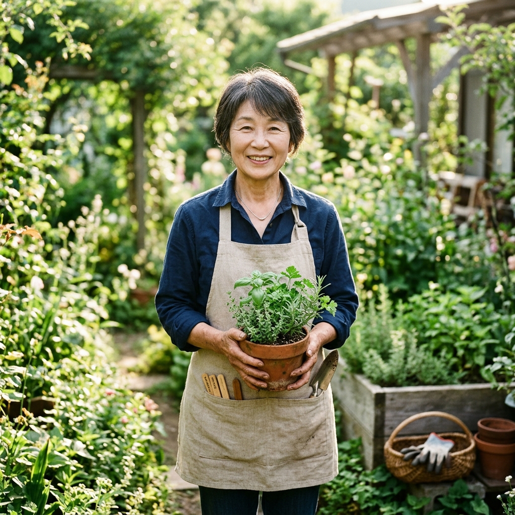 庭でハーブの鉢を手に微笑む Nobu
